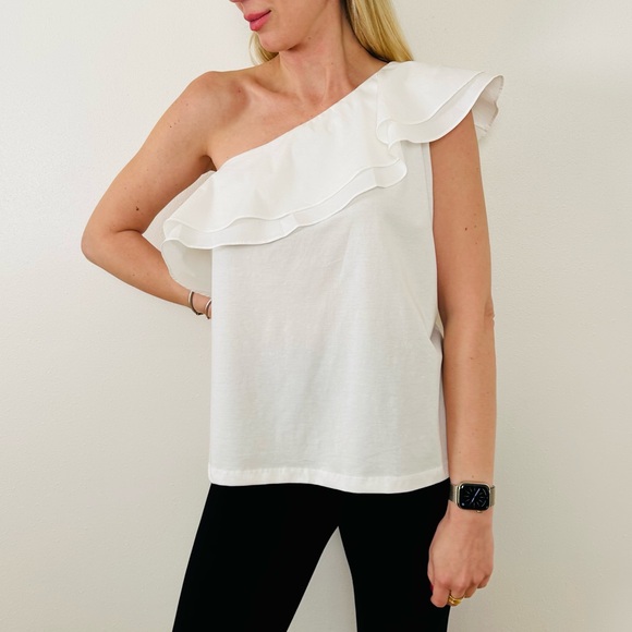 New Marc New York White Cotton One Shoulder Ruffled Blouse Top - Picture 1 of 5